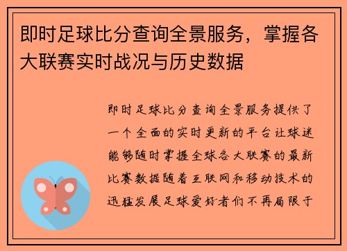 即时足球比分查询全景服务，掌握各大联赛实时战况与历史数据