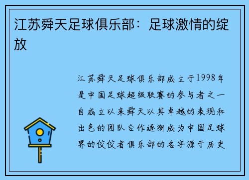 江苏舜天足球俱乐部：足球激情的绽放