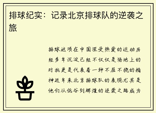 排球纪实：记录北京排球队的逆袭之旅