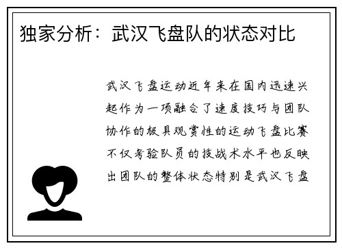 独家分析：武汉飞盘队的状态对比