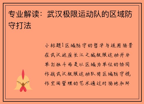专业解读：武汉极限运动队的区域防守打法