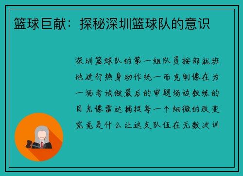 篮球巨献：探秘深圳篮球队的意识